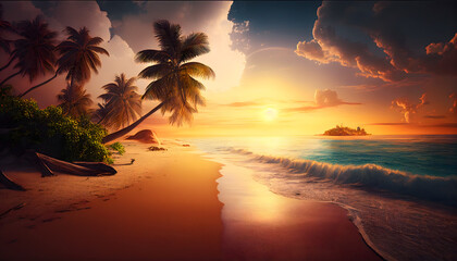 beautiful Landscape of paradise tropical island beach, sunrise shot. Generative AI.