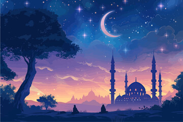 Ramadan Kareem greeting card with mosque. Vector illustration.