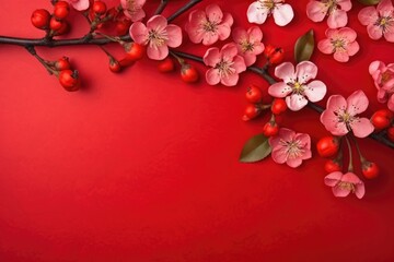 Chinese New Year flowers on red background top view copy space