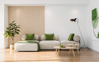 Cozy living room with modern sofa and wood wall panels. Interior mockup, 3d render 
