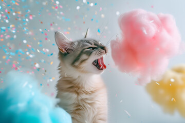 The cat eats cotton candy. Minimalistic pets style isolated over light background