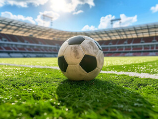 Stadium soccer ball on a green grass field in a large stadium.