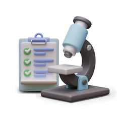 Realistic microscope in blue and black colors and clipboard with checklist