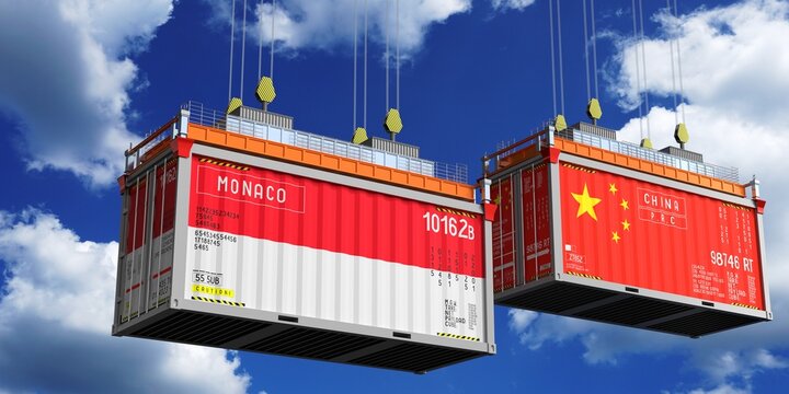 Shipping containers with flags of Monaco and China - 3D illustration
