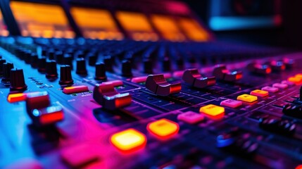 Mixer control. Music engineer. Backstage controls on an audio mixer, Sound mixer. Professional audio mixing console with lights, buttons, faders and sliders