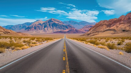 Naklejka premium State Route 190 crossing Panamint Valley in Death Valley National Park, California, United States. Empty desert road in Death Valley
