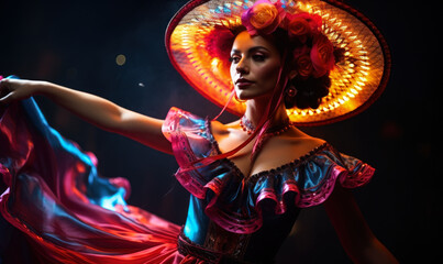 Fototapeta premium Elegant female dancer in vibrant traditional Mexican dress and sombrero with dynamic neon light trails, embodying the spirited culture of Mexico