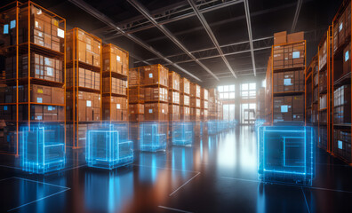Futuristic automated warehouse interior with digital inventory holograms, glowing lines, and autonomous robots transporting goods in a modern distribution center at sunrise - obrazy, fototapety, plakaty