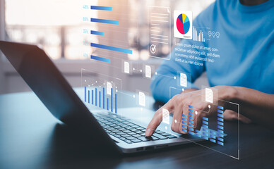 Analytics and Data Management Systems. Business Analytics and Data Management Systems to make reports with KPI  and metrics connected to the database for technology finance - obrazy, fototapety, plakaty