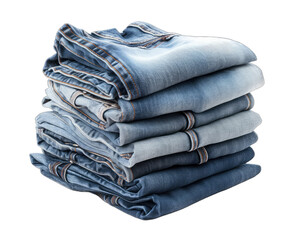 Stack of blue jeans isolated on white background. Jeans on  png transparent background