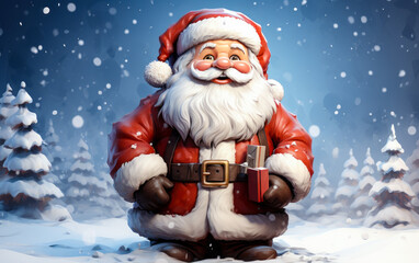 Cheerful and jolly Santa Claus character in vibrant holiday attire standing in a snowy Christmas landscape with festive presents in the background - obrazy, fototapety, plakaty