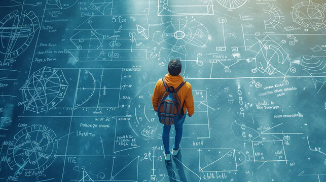 top view of student walking on full screen formula drawings charts