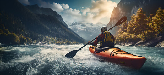 Kayaking down a rapid river in white water ,  mountainous vistas , trees , mountains , rocks  