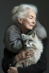 Obraz premium A poised elderly woman with silver hair holds a fox, both draped in fur, against a dark backdrop. The image has an elegant, contemplative feel, luxury and age-related concepts.