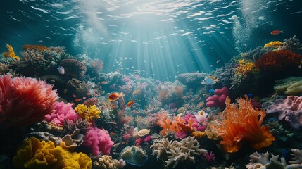 Fototapeta na wymiar Underwater tableau of colorful coral reefs and diverse marine life, promoting awareness of preserving our oceans