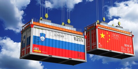 Shipping containers with flags of Slovenia and China - 3D illustration