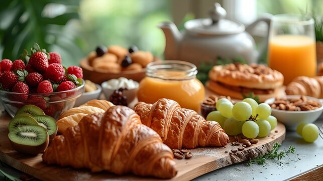 A close-up continental breakfast with croissants, fresh orange juice, fruits and a hot beverage