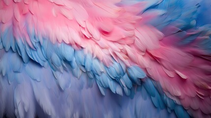 Closeup detail of soft silk pastel pink blue colored feathers, top view.