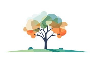 A vibrant vector illustration featuring a tree adorned with colorful leaves, standing on a lush green hill, set against a clean white background.