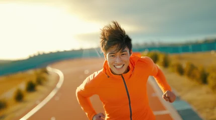 Fotobehang Young asian runner man in bright orange sporty jacket running in the morning smiling at camera with toothy smile active and healthy lifestyle concept © NickArt