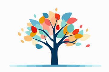A whimsical vector illustration featuring a vibrant tree adorned with colorful leaves, creating a lively and cheerful scene against a white background.