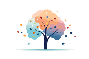 A dynamic vector illustration portraying a tree adorned with a multitude of colorful leaves swaying in the wind against a clean white background.