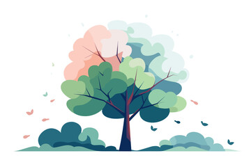 A vibrant vector illustration featuring a tree adorned with colorful leaves, set in a lush forest, against a white background.
