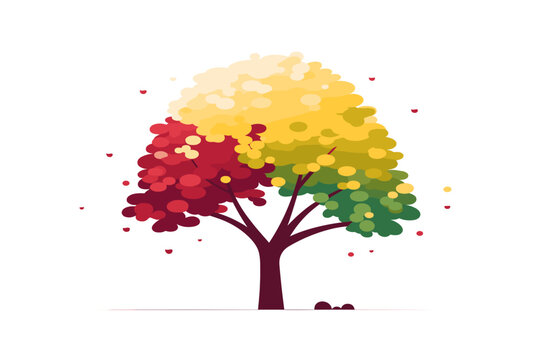 A captivating vector illustration depicting a vibrant tree with red, green, and yellow leaves, creating a harmonious and lively scene on a pristine white background.