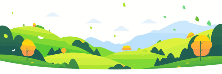 Obraz premium The vector illustration depicts a serene landscape featuring rolling green hills leading towards distant majestic mountains.