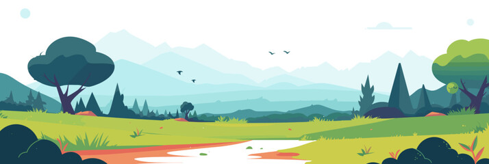 Obraz premium In this vector illustration, a verdant landscape unfolds with green grass, trees, and distant mountains, capturing the beauty of nature in a harmonious composition.