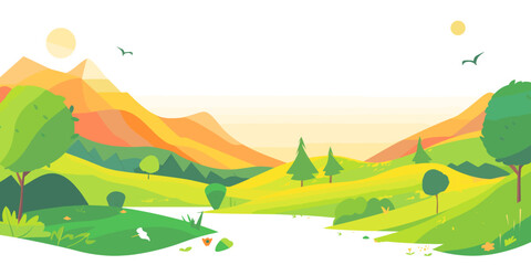 Fototapeta na wymiar A picturesque vector illustration features a winding path through a lush valley, surrounded by green hills, trees, and majestic mountains in the distance, creating a scenic and inviting landscape.