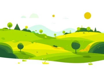 Fotobehang A delightful vector illustration presents green rolling hills in a whimsical children's book illustration style, set against a clean white background. © DIMENSIONS