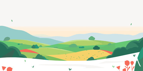 In this vector illustration, rolling hills extend beneath distant mountains, creating a serene landscape against a clean white background.