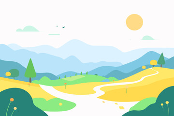 The vector illustration portrays a captivating landscape with winding paths traversing through hills, leading towards distant mountains, set against a pristine white background.