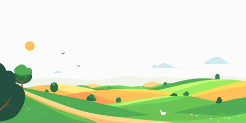The vector illustration captures a serene landscape with green rolling hills adorned with scattered trees, set against a clean white background.