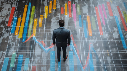 top view of businessman walking on full screen performance charts
