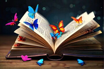 pen book with butterflies coming out of it, ideal for fantasy and literature