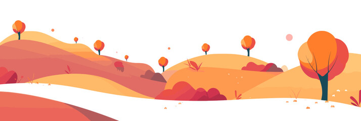 The vector illustration depicts a captivating fall landscape with a winding path through hills, adorned with vibrant red and brown hues, set against a clean white background.