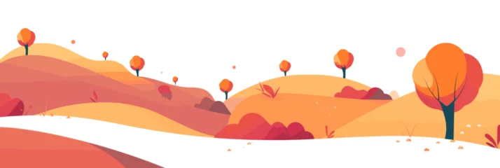 Fotobehang The vector illustration depicts a captivating fall landscape with a winding path through hills, adorned with vibrant red and brown hues, set against a clean white background. © DIMENSIONS