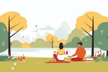 The vector illustration depicts people having a peaceful picnic by the lake, creating a serene and leisurely scene of outdoor enjoyment.