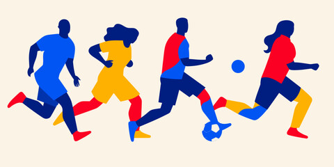 The vector illustration features a logo-like depiction of people playing soccer, capturing the essence of the sport in a simplified and stylized form.
