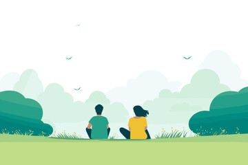 The vector illustration portrays two people sitting on the grass, gazing into the distance, creating a contemplative and scenic scene of shared reflection. - obrazy, fototapety, plakaty