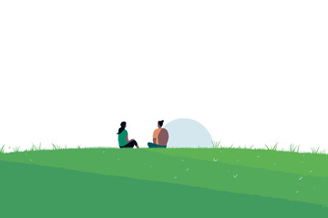 The vector illustration depicts two people sitting on a green hill, engaged in a friendly chat, creating a relaxed and sociable scene. - obrazy, fototapety, plakaty