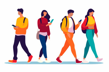 Fototapeta premium The vector illustration portrays students walking and looking at their mobile phones, reflecting a contemporary scene of mobile device engagement among young people.