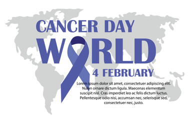 World Cancer Day is celebrated annually on 4 February to raise awareness about cancer and encourage its prevention, detection and treatment. World map vector illustration with ribbon and lettering