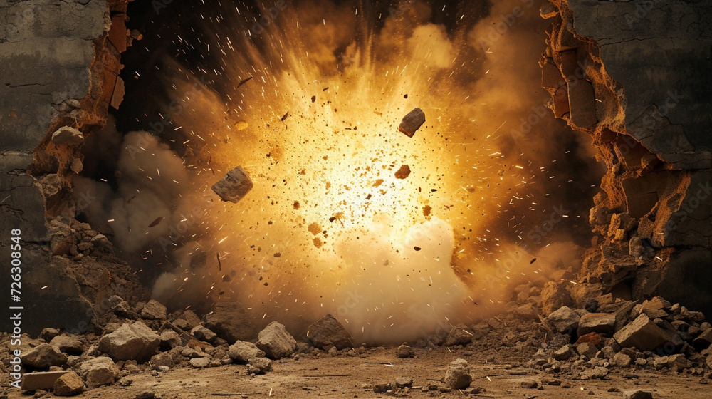 Wall mural exploding wall with free space in the center for any object or background