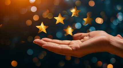 Satisfied happy customer hand giving 5 stars rating to customer experience