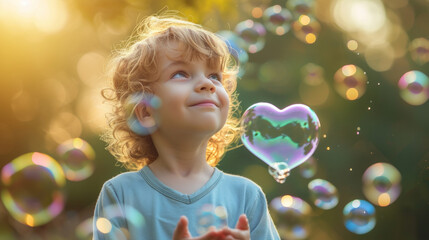 Happy kid and soap bubble in heart shaped - Powered by Adobe