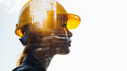 Fototapeta premium Portrait of a young construction worker woman with safety helmet letting see city buildings under construction on white background with copy space