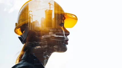Poster Portrait of a young construction worker woman with safety helmet letting see city buildings under construction on white background with copy space © Keitma